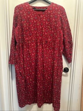 Crimson Floral V-Neck Long Sleeve Corduroy Cottagecore Midi Dress Plus Size